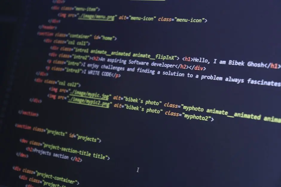 Colorful HTML code displayed on a computer screen for programming projects.
