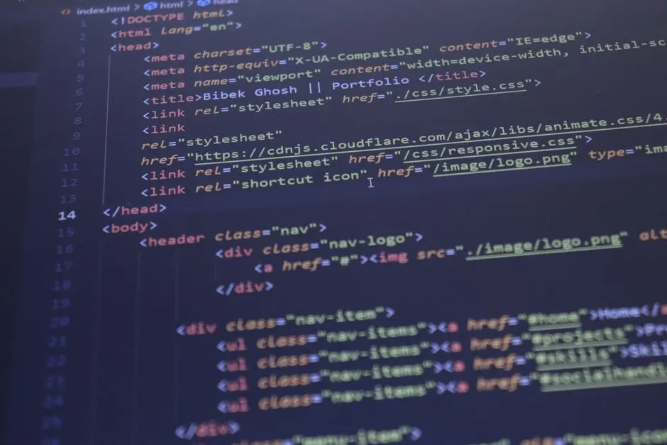 Close-up view of HTML and CSS code displayed on a computer screen, ideal for programming and technology themes.